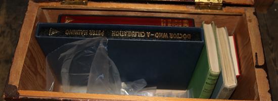 Wooden box inc 2 Doctor Who Limited edition books, postcards & cigarette cards etc